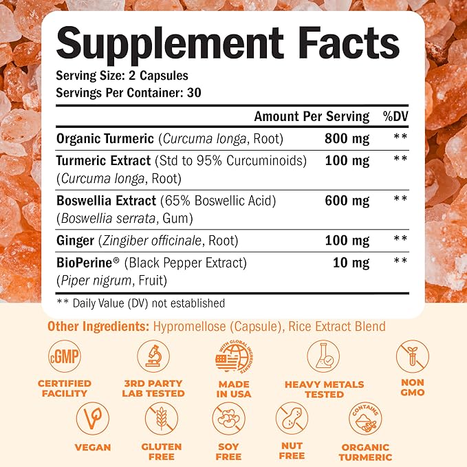 Turmeric Supplement with 65% Boswellia Extract Capsules - Turmeric Curcumin Supplement 95% Curcuminoids - Boswellia Serrata, Black Pepper, Organic Turmeric & Ginger root capsules - Tumeric Caps 2-Pack