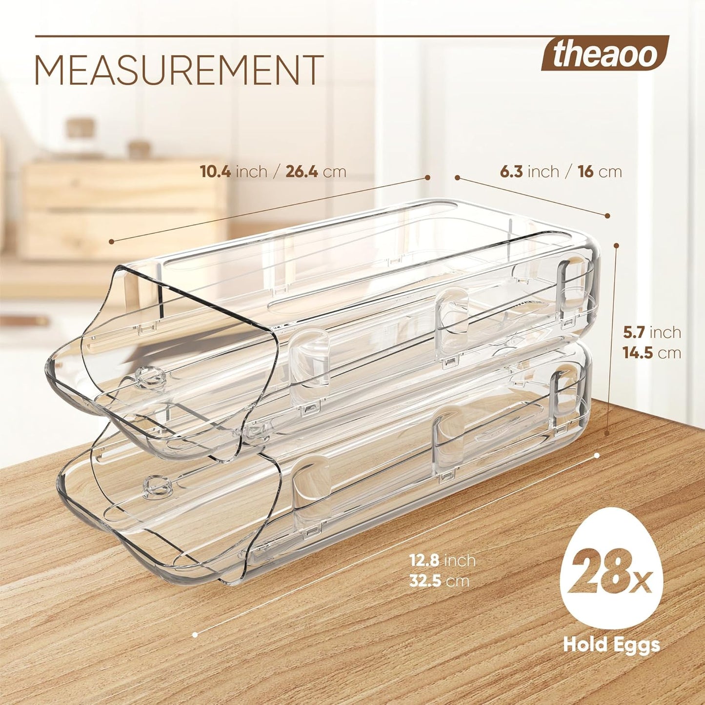theaoo Egg Holder for Fridge, Automatic Rolling Egg Container for Refrigerator, Clear Plastic Egg Dispenser, Stackable Eggs Organizer with Quick Removable inner Tray For Organizers and Storage, 2Pack