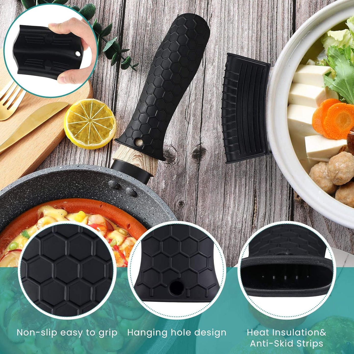 Patelai 8 Pcs Silicone Pot Holders Set Cast Iron Handle Cover Heat Resistant Pot Handle Covers Potholder Non Slip Reusable Pan Sleeve for Frying Pan Kitchen Supplies(Black)
