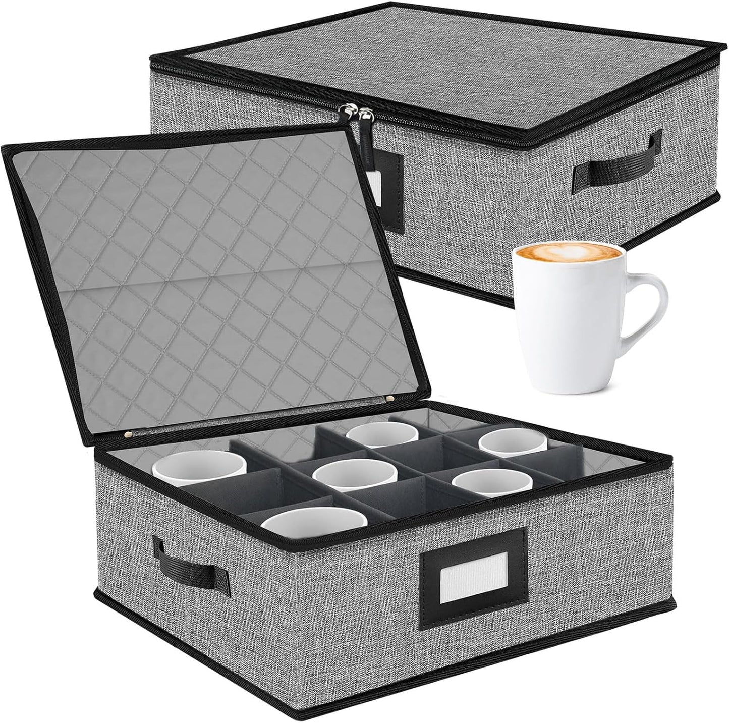 2PACK Quilted Mug Cup Storage Box-China Storage Containers Hard Shell,Cup Storage Containers with Lid for Moving Transport,Kichen Dinnerware Storage
