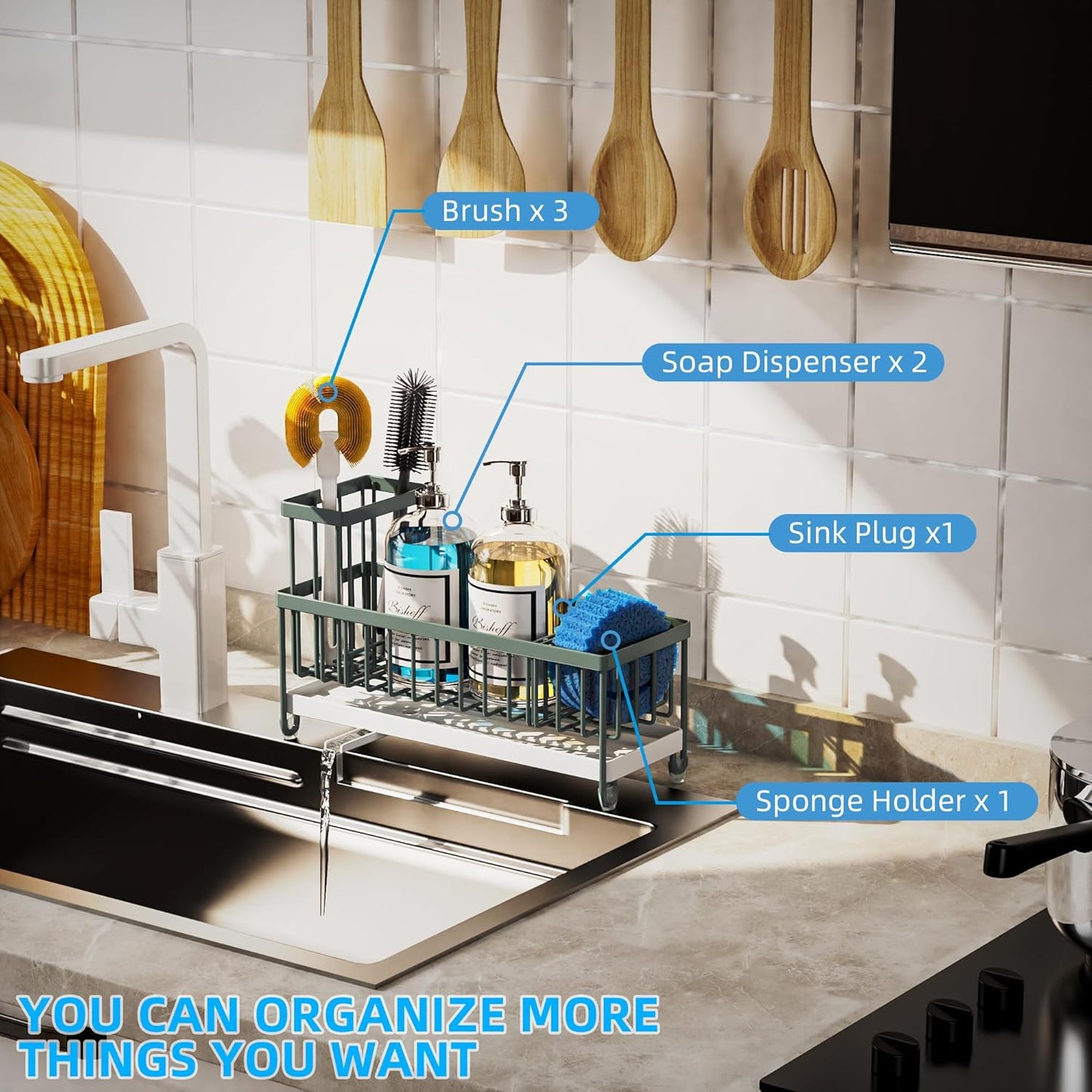 Moforoco Extra Large Sponge Holder for Kitchen Sink Organizer Caddy, Dish Brush Scrubber Holder,Stainless Steel Sink Box Utensil Holder,Soap Dispenser Set Tray Counter Accessories（Sage Green ）