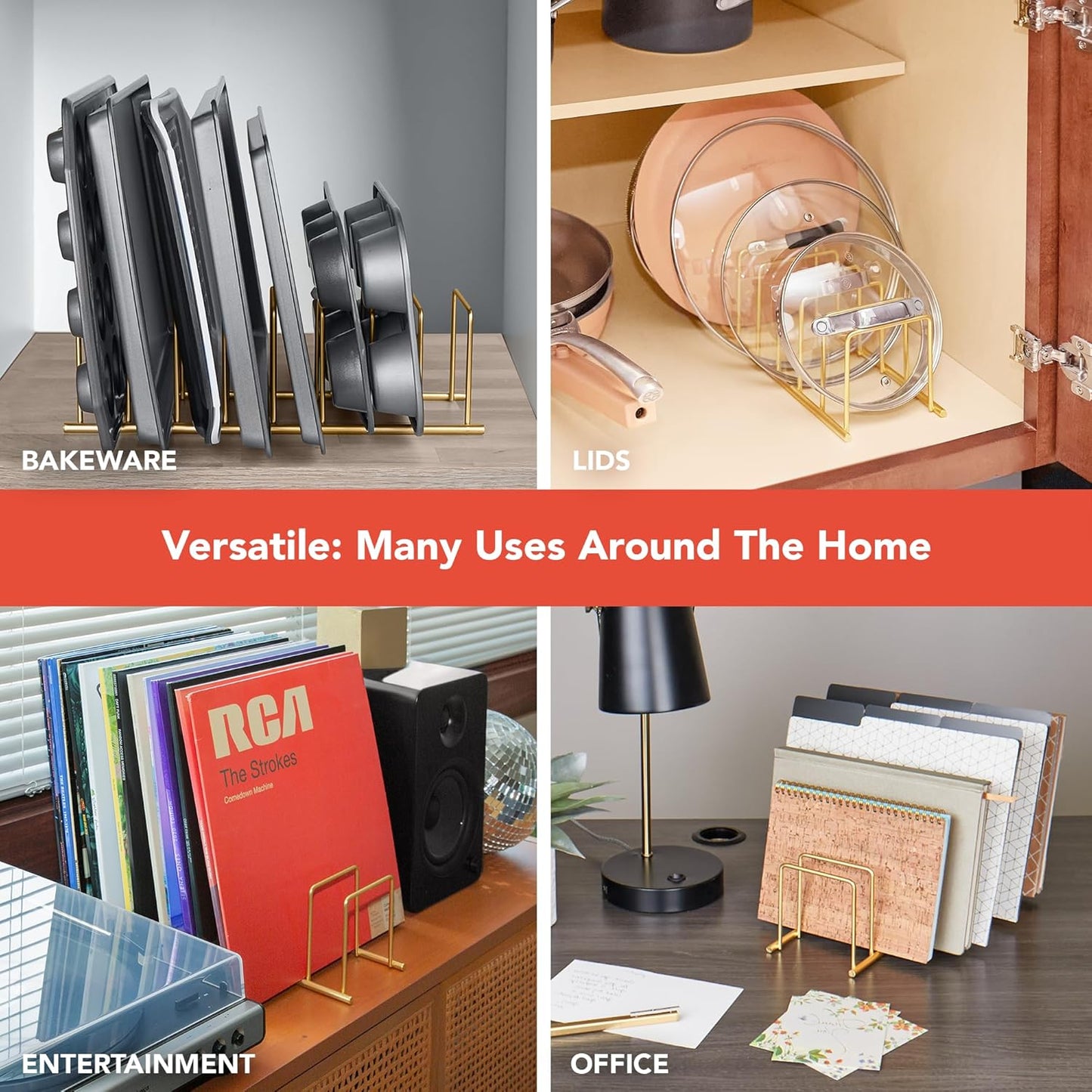 Spectrum Euro Cutting Board Holder Stand for Countertop or Inside Kitchen Cabinet Organization Gold, 8 Slot Cutting Board Drying Rack or Cabinet Plate Bakeware Storage Organizer