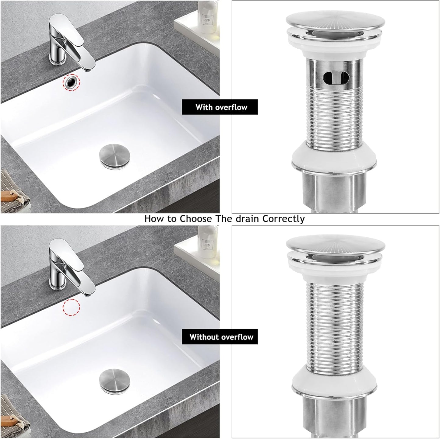 Bathroom Sink Drain,Drain Stopper Bathroom Sink with Overflow,Pop Up Drain Assembly with Detachable Strainer Basket,Built-in Anti-Clogging, Stainless Steel Nut Brushed Nickel
