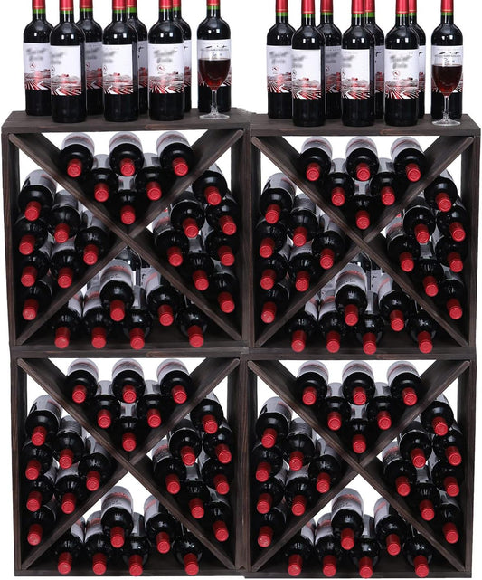 Wine Rack Cabinet countertop Wooden Stackable Storage Retro Cube freestanding Floor Wine Bottle Holder Stand(96BottleBlack)