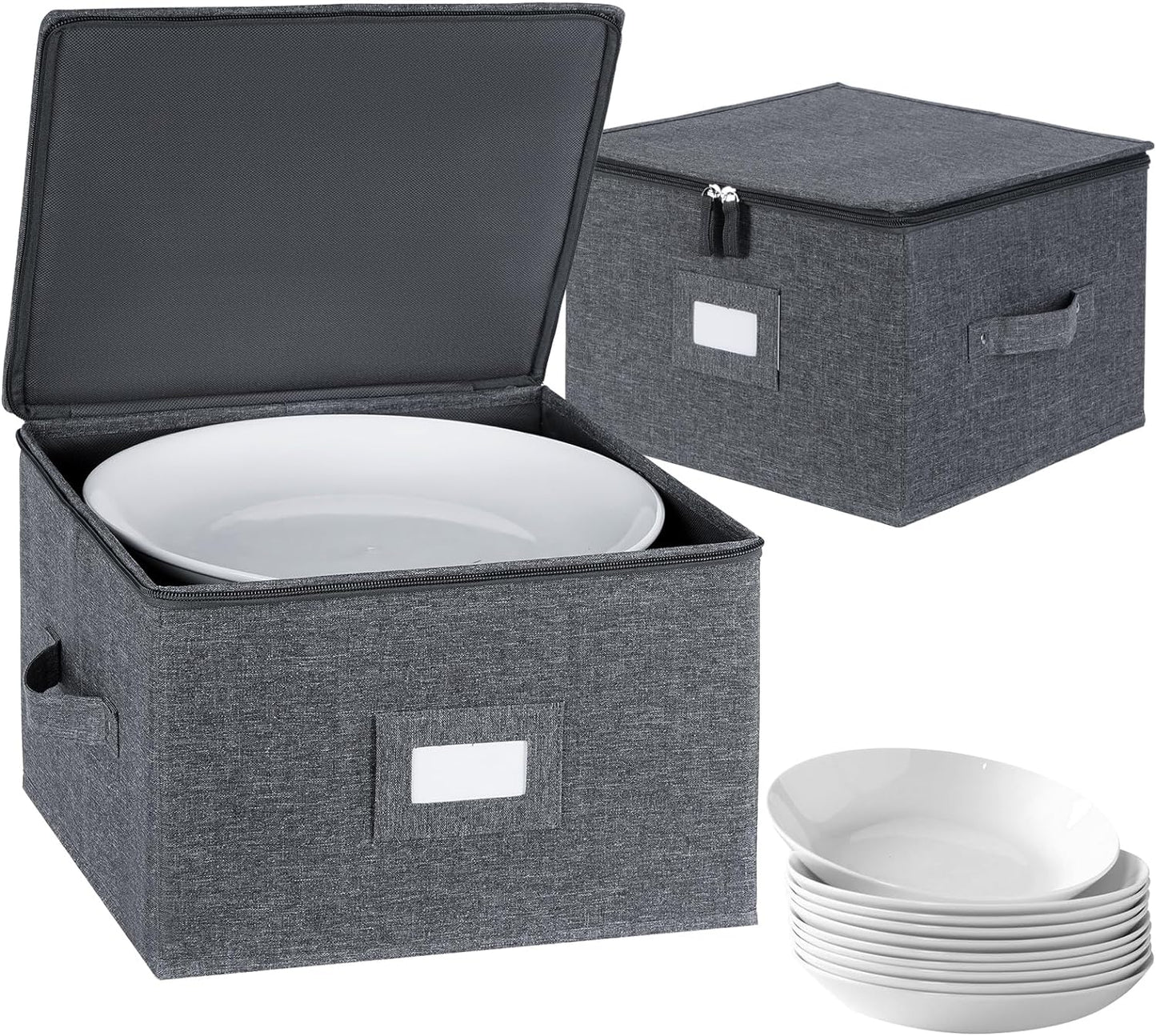 popoly China Storage Containers Hard Shell Inside 12" W x 8" H, Dinner Plate Storage Containers for Dishes, Dinnerware with 24 Felt Dividers, Hold 24 Plates, Stackable (2 Pack Grey)