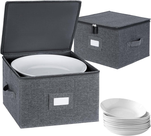 popoly China Storage Containers Hard Shell Inside 12" W x 8" H, Dinner Plate Storage Containers for Dishes, Dinnerware with 24 Felt Dividers, Hold 24 Plates, Stackable (2 Pack Grey)