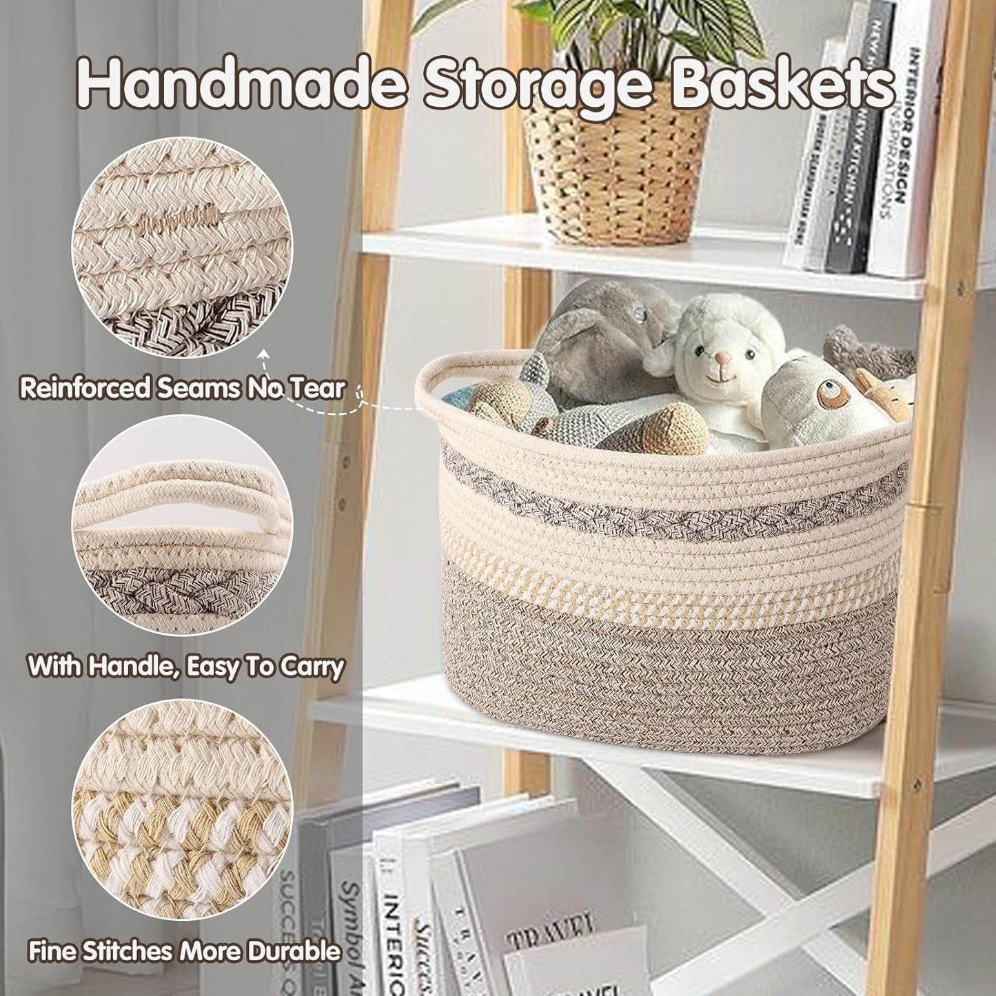 Woven Storage Basket, 3 Pack Brown Rope Basket for Shelves, HandWoven Cotton Rope Basket with Built-in Handles and Labels for Bathroom, Bedroom, Laundry, Pantry, Shelves