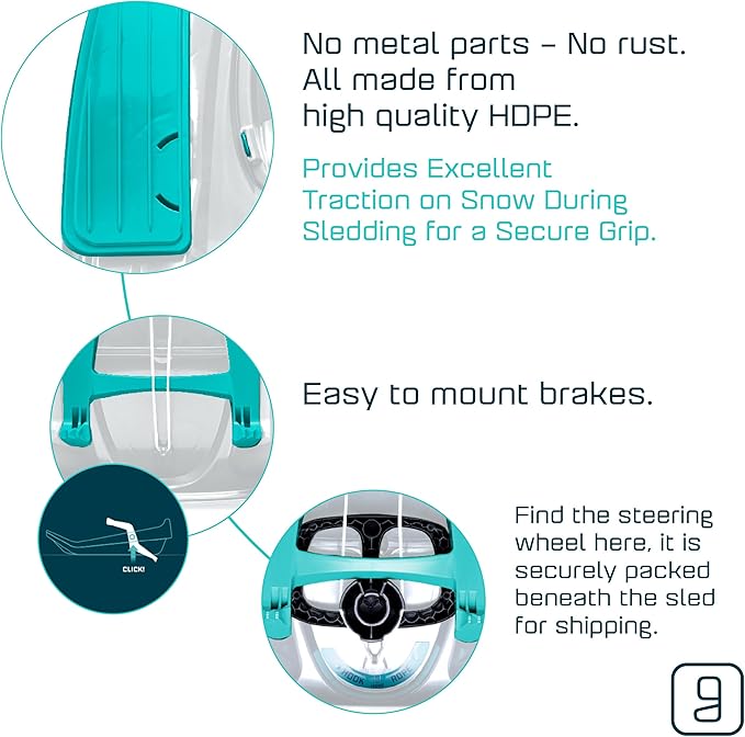 Snow Sled for Kids, Adults - Toboggan Sled, Easy Turning Steering Wheel, Anti-Slip Seat, Pull Up Brake, Durable Plastic Sled, Lightweight, Snow Sleds, Age 3+ 260 lbs