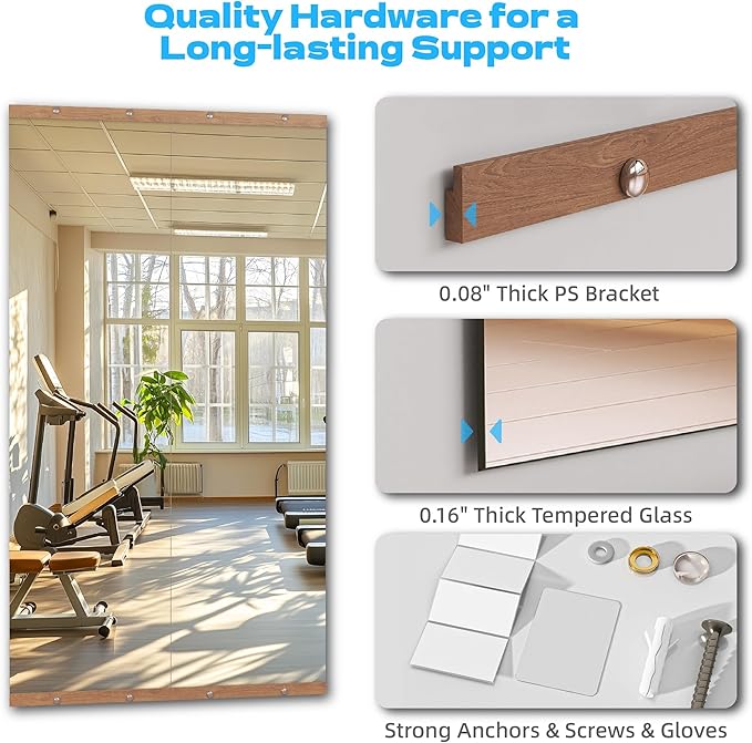 Hasipu 2Pcs 63''x28'' Home Gym Mirror Large Full Length Wall Mounted Full Body Mirror for Yoga Dance Fitness Exercise Studio Bedroom Garage, Frameless Tempered Glass Workout Mirrors Walnut Rectangular