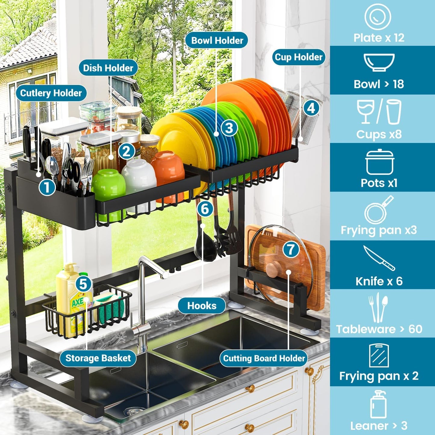 ADBIU Fit Sink 24.5"- 35.5" L Over Sink Dish Drying Rack (Expandable Dimension) Snap-On Design 2 Tier Large Kitchen Dish Rack Stainless Steel Counter Organization and Storage