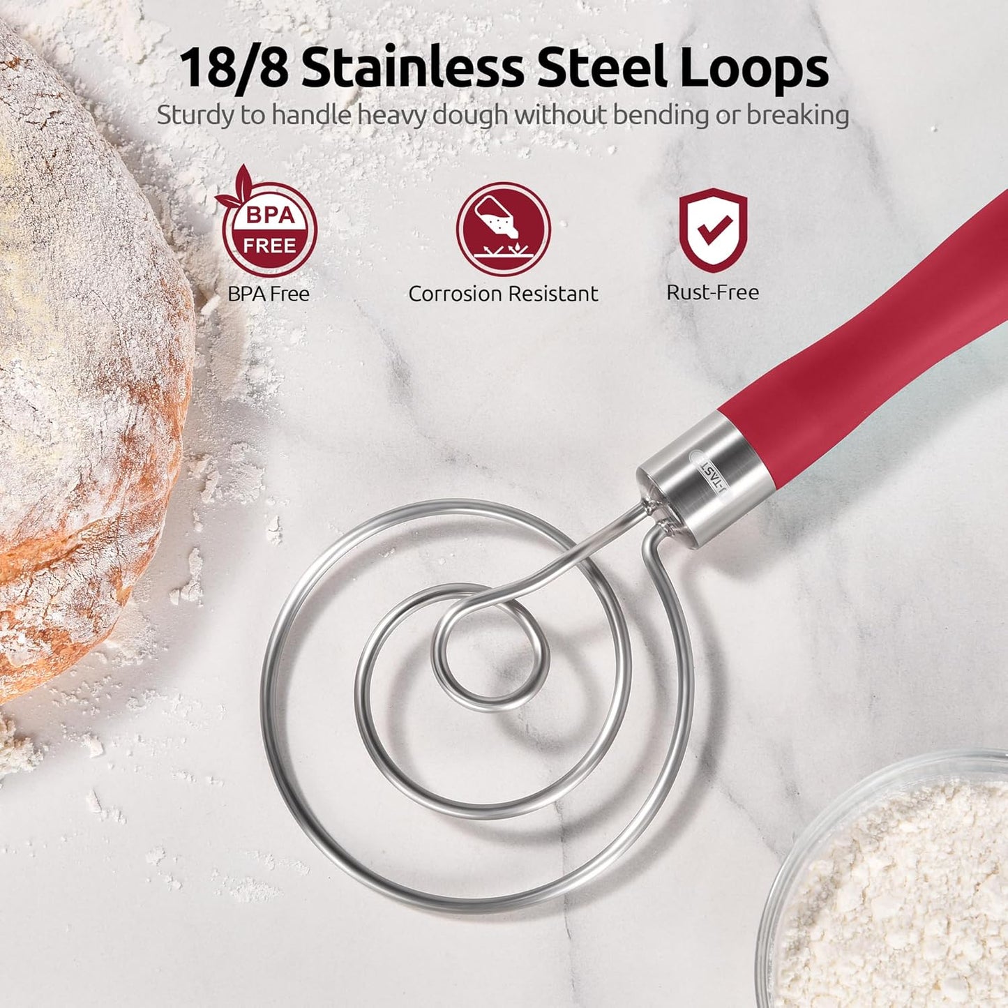 U-Taste 12.6in Danish Dough Whisk: 18/8 Stainless Steel Heavy-Duty Sourdough Mixer Tool, Food Grade Dutch Style Seamless Bread Wisk, Sturdy for Mixing, Stirring, Pressing, Kneading Thick Batter (Red)
