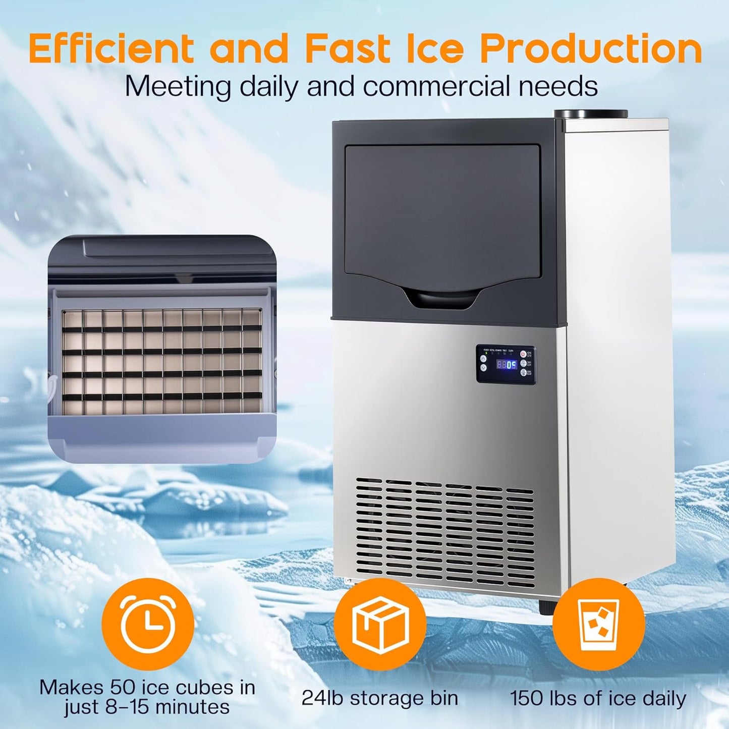 Albott Commercial Ice Maker with 2 Way Water Inlet, 150lbs/24H Freestanding ice Machine Countertop with 24lbs Storage Capacity, Self Cleaning for Home/Bar/Restaurant