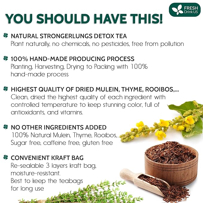 FreshDrinkUS StrongerLungs 20 Tea Bags - Mullein Leaf, Ginseng, Elderberry, Ginger & Thyme - Supports Lung Cleanse, Congestion Relief & Mucus Detox - Caffeine-Free & All-Natural