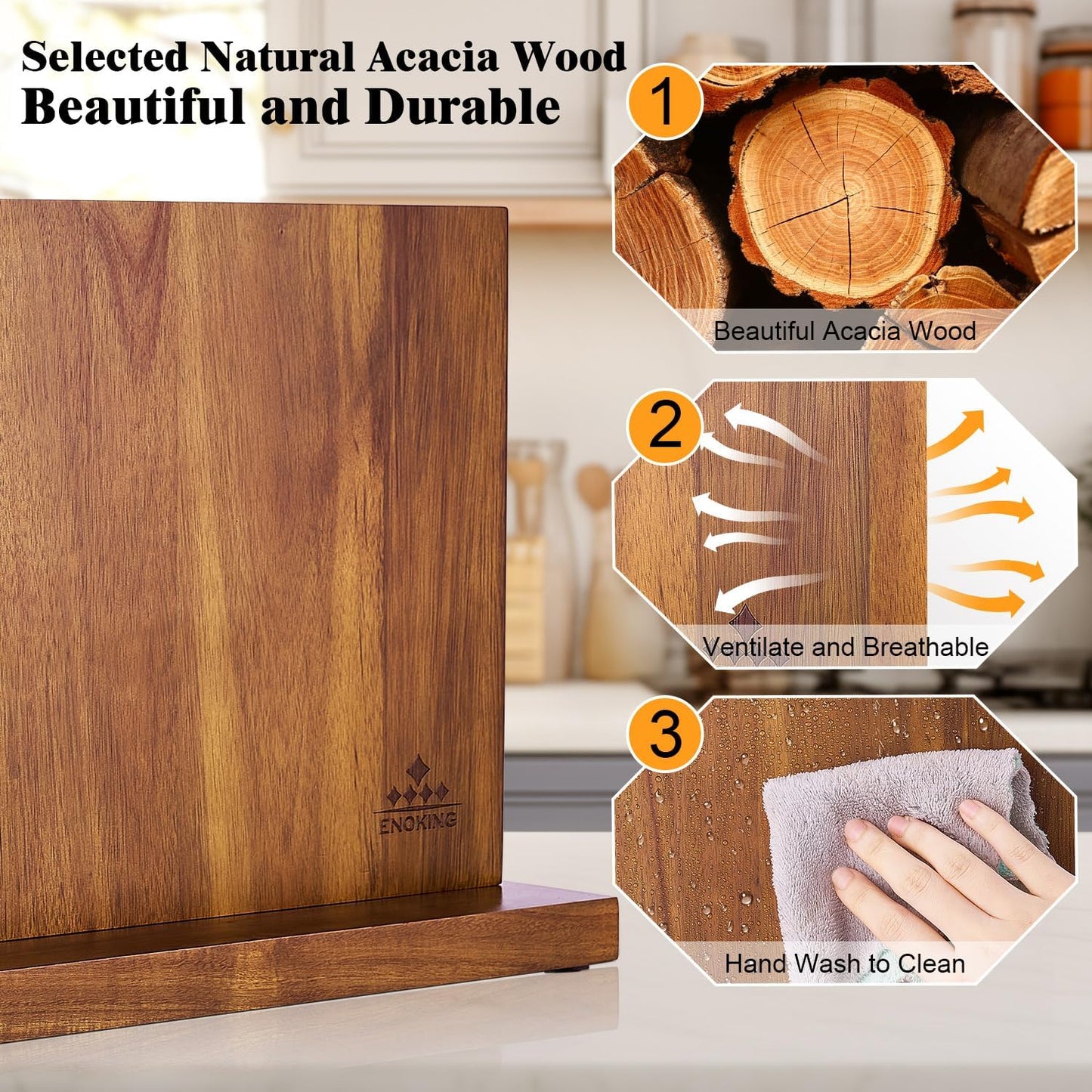 ENOKING Extra Large Magnetic Knife Block, 15.2-In Acacia Wood Knife Holder for Home Kitchen, Universal Knife Holder Stand with Strong Enhanced Magnets for Safe and Multifunctional Knife Storage