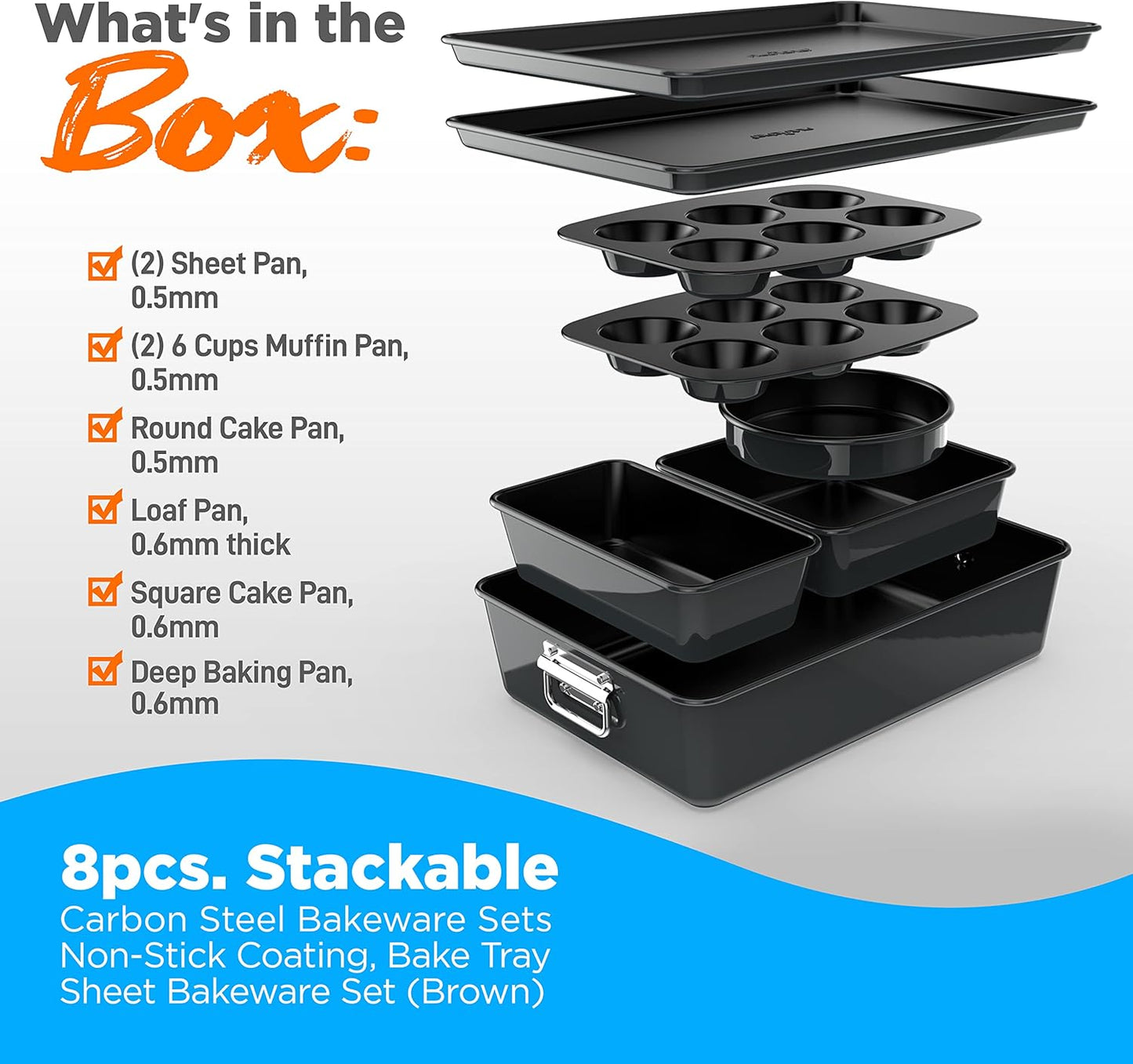 NutriChef 8-Piece Stackable Nonstick Bakeware Set - Premium Steel Baking Tray Set - Includes Round Cake Pan, 6-Cup Muffin Pans, Wide/Square Brownie & Loaf Pans, Cookie Sheet, & Roaster Pan (Black)
