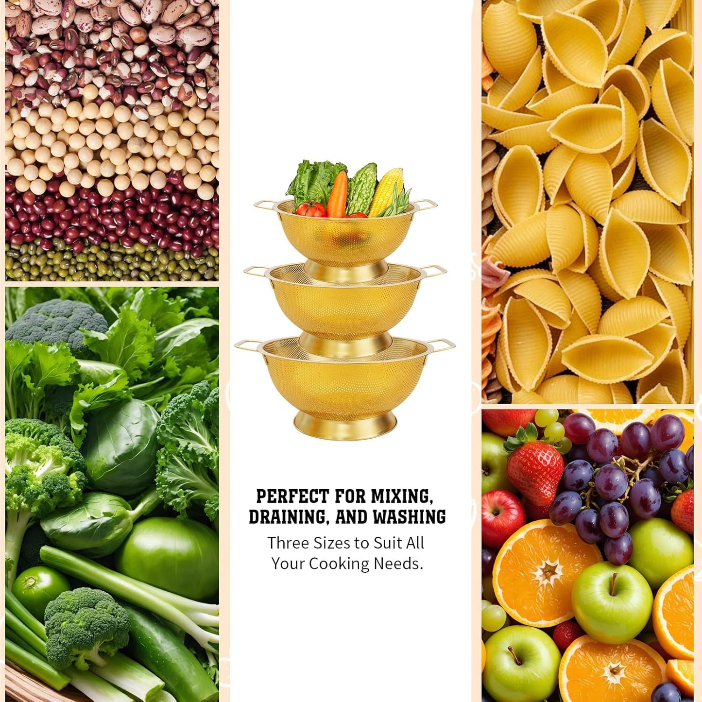 3 Pcs Stainless Steel Gold Colander and 3 Pcs Fine Mesh Strainer Set,1/3/5 Quart Metal Mesh Basket with Handles for Kitchen, Draining Pasta, Rinsing Fruit, and Cooking (Gold)