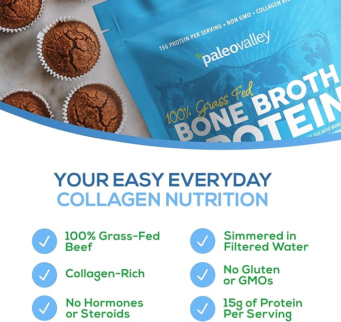 Paleovalley 100% Grass Fed Beef Bone Broth Protein Powder - Rich in Collagen Peptides for Hair, Skin, Gut Health, Bone and Joint Support - 28 Servings, 15g Protein Per Serving - No Gluten or GMOs