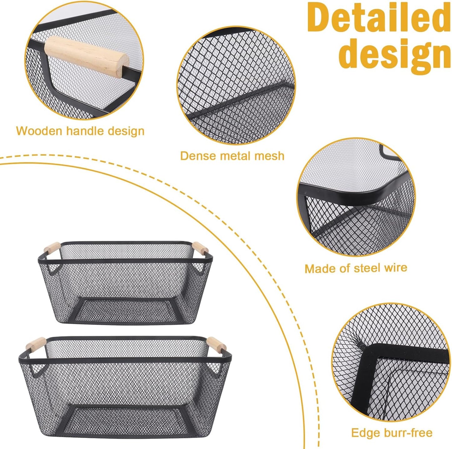 Potato and Onion Storage Bin, 2 Set Potato Bin Storage and Onion Container with Wooden Handle, Pantry Kitchen Organization and Storage, Metal Mesh Baskets for Fruit, Vegetable, Produce-Black