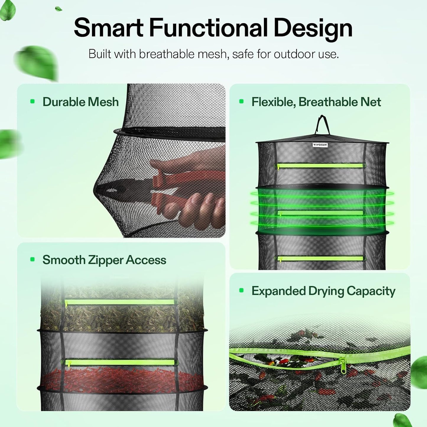 VIVOSUN 6-Layer Mesh Drying Rack Hanging Design with Green Zippers for Dehydrating, Indoor and Outdoor Pruning Shears Included