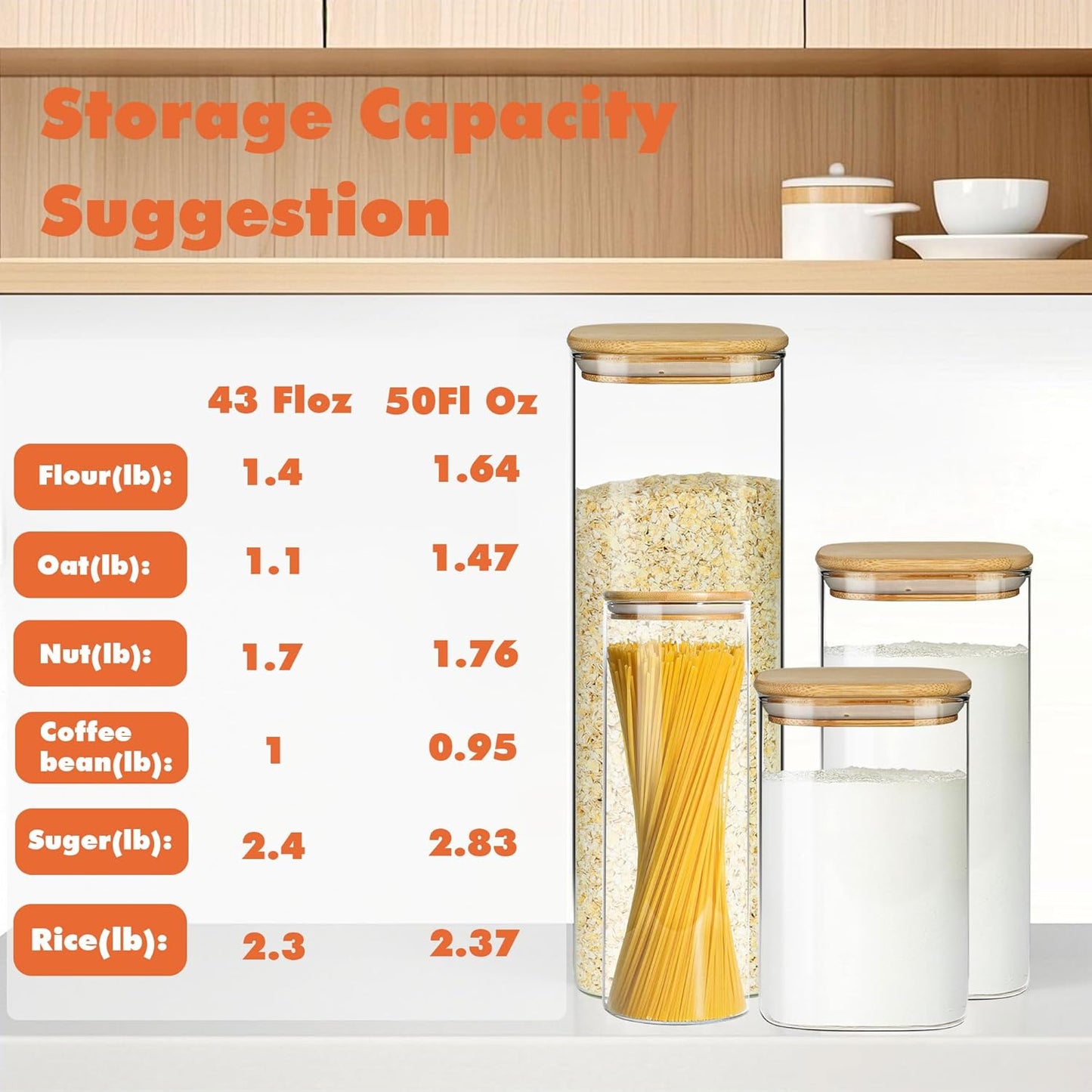 Glass Storage Containers with Airtight Bamboo Lids,Round Glass Jars Pantry Organizers,Perfect for Kitchen Organization - Flour, Rice, Pasta, Sugar, Coffee Beans, Accessories Included (43oz*6)