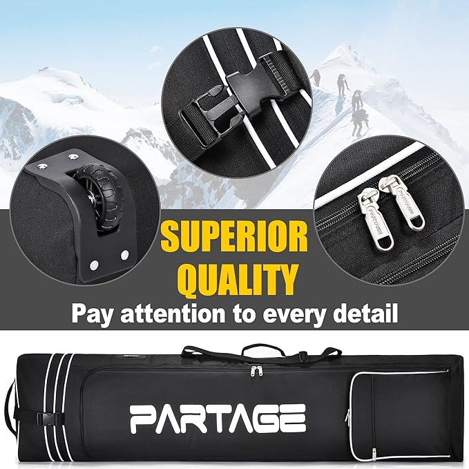 Partage Snowboard Bag with Wheels, Snowboard Bag for Air Travel, Adjustable Length Up to 170 cm, 600D Water Resistant Oxford -Black