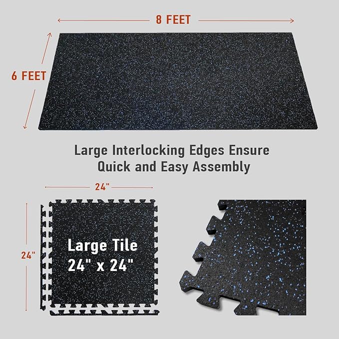 AIRHOP 0.56in Thick 48 Sq Ft Exercise Equipment Mats, 12 Tiles Upgraded Rubber Top with High Density EVA Foam, Large Interlocking Puzzle Gym Flooring for Home Gym, Heavy Weight Workout,Black & Blue