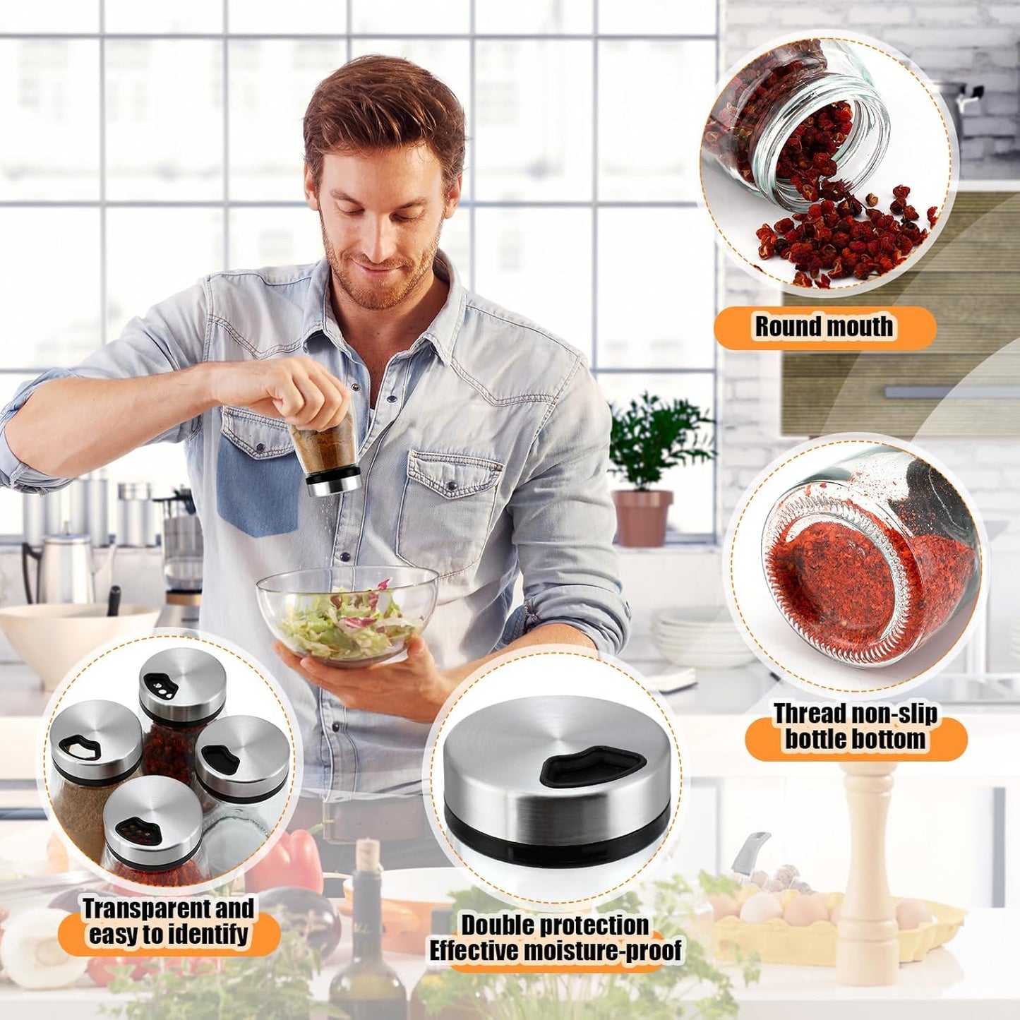 Zhehao 6 Pcs Salt Pepper Shakers Set with Adjustable Pour Holes Stainless Steel Spice Dispenser 6oz Clear Glass Seasoning Containers for Kitchen Restaurant Home BBQ Camping Farmhouse Accessories