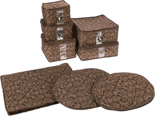 8-Piece Storage Containers Set – China, Brown, Quilted, Stackable Dish & Plate Protectors – Glass & Dinnerware Organizer Lids – Kitchen Storage for Meal, Tupperware, Glass Containers & Food Storage