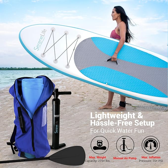 SereneLife Inflatable Stand Up Paddle Board with Premium SUP Accessories – Wide Stable Design with Non-Slip EVA Deck Pad for Adults and Youth of All Skill Levels