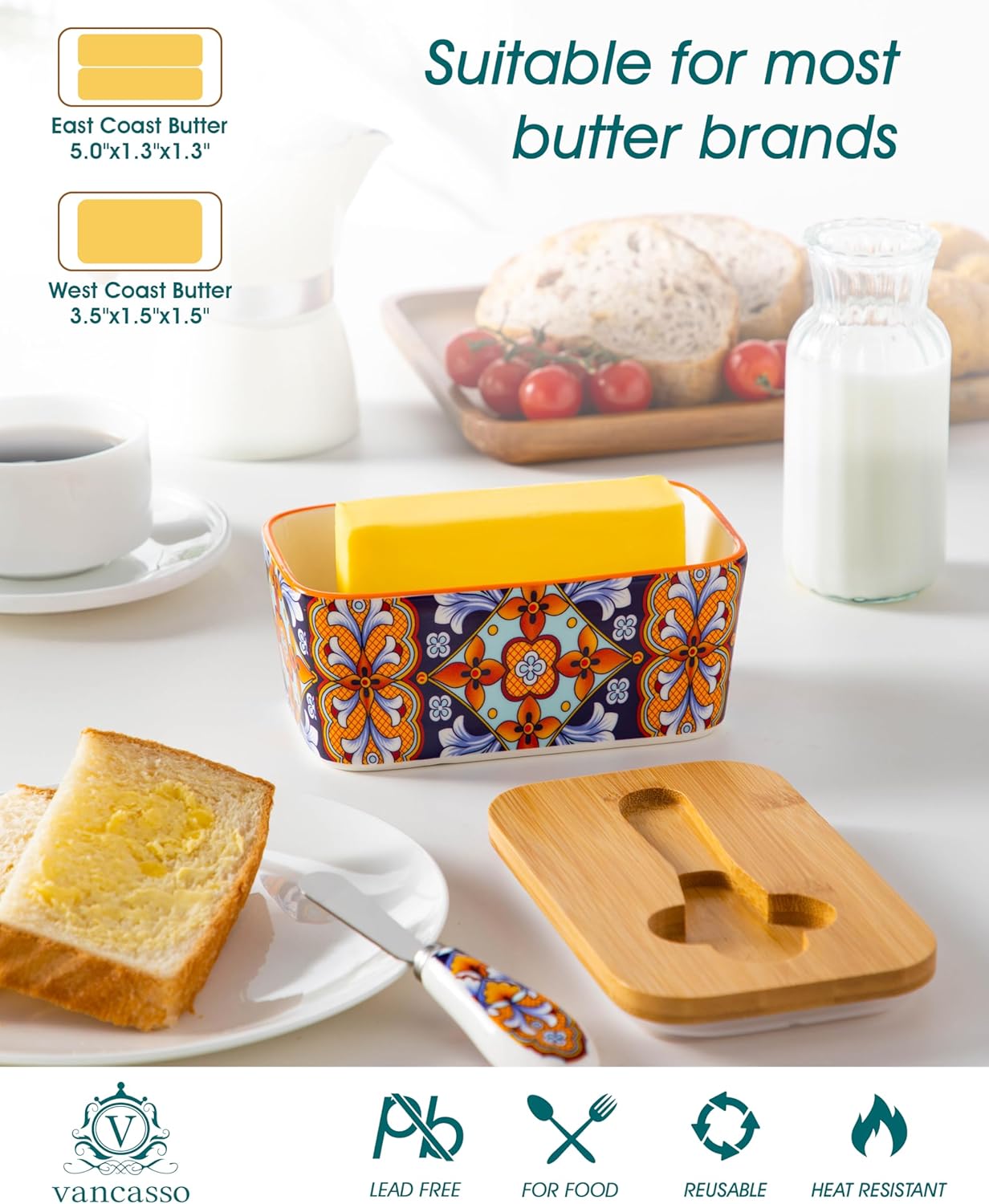 vancasso SIMI Butter Dish with Lid, 6.5" Large Butter Dish for Countertop, Bohemian Ceramic Butter Keeper Container with Knife and Bamboo Lid, Butter Holder for Counter, Amber Elegance