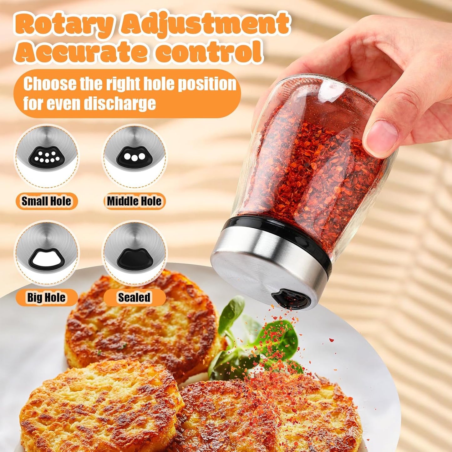 Zhehao 6 Pcs Salt Pepper Shakers Set with Adjustable Pour Holes Stainless Steel Spice Dispenser 6oz Clear Glass Seasoning Containers for Kitchen Restaurant Home BBQ Camping Farmhouse Accessories