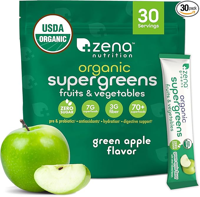 Zena Nutrition Organic Super Greens Powder, 70+ Superfoods, 0 Sugar, 3G Fiber, Spirulina, Chlorella, Antioxidants, Prebiotics/Probiotics, Digestive Enzymes, Green Apple, 30 Drink Mix Packets