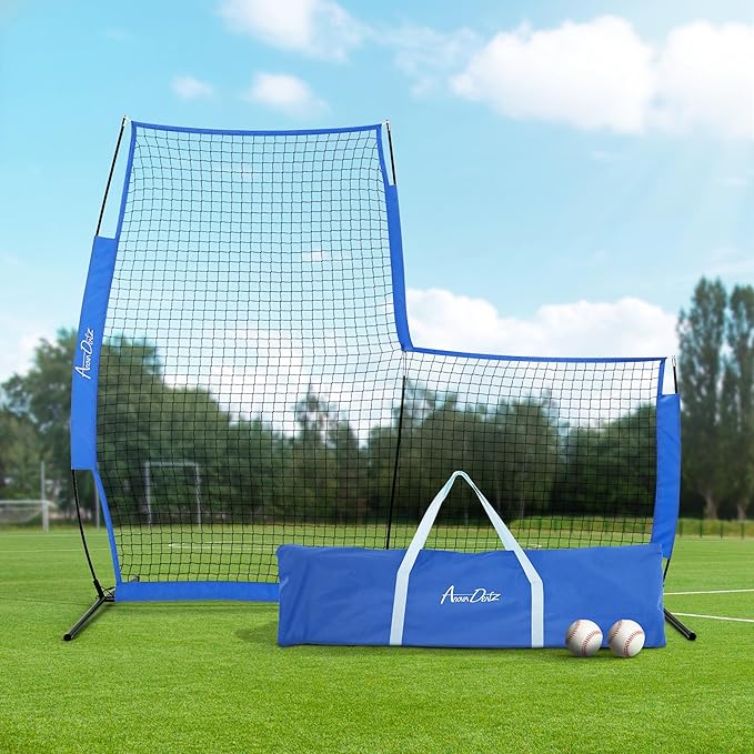 Yes4All Portable L-Screen Baseball 7x7ft with 2 Baseballs, Rubber Wheels - L Screen Baseball for Batting Cage, Protective Pitching Screen Net Double Layers, Carry Bag Included