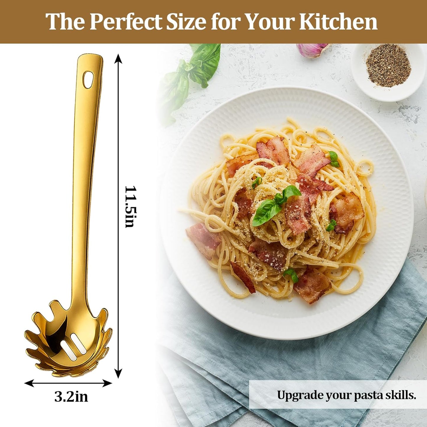 Stainless Steel Pasta Spoon with Teeth Pasta Server & Spaghetti Spoon with Drain Holes for Noodles, Pasta, Cooking & Serving (Gold)