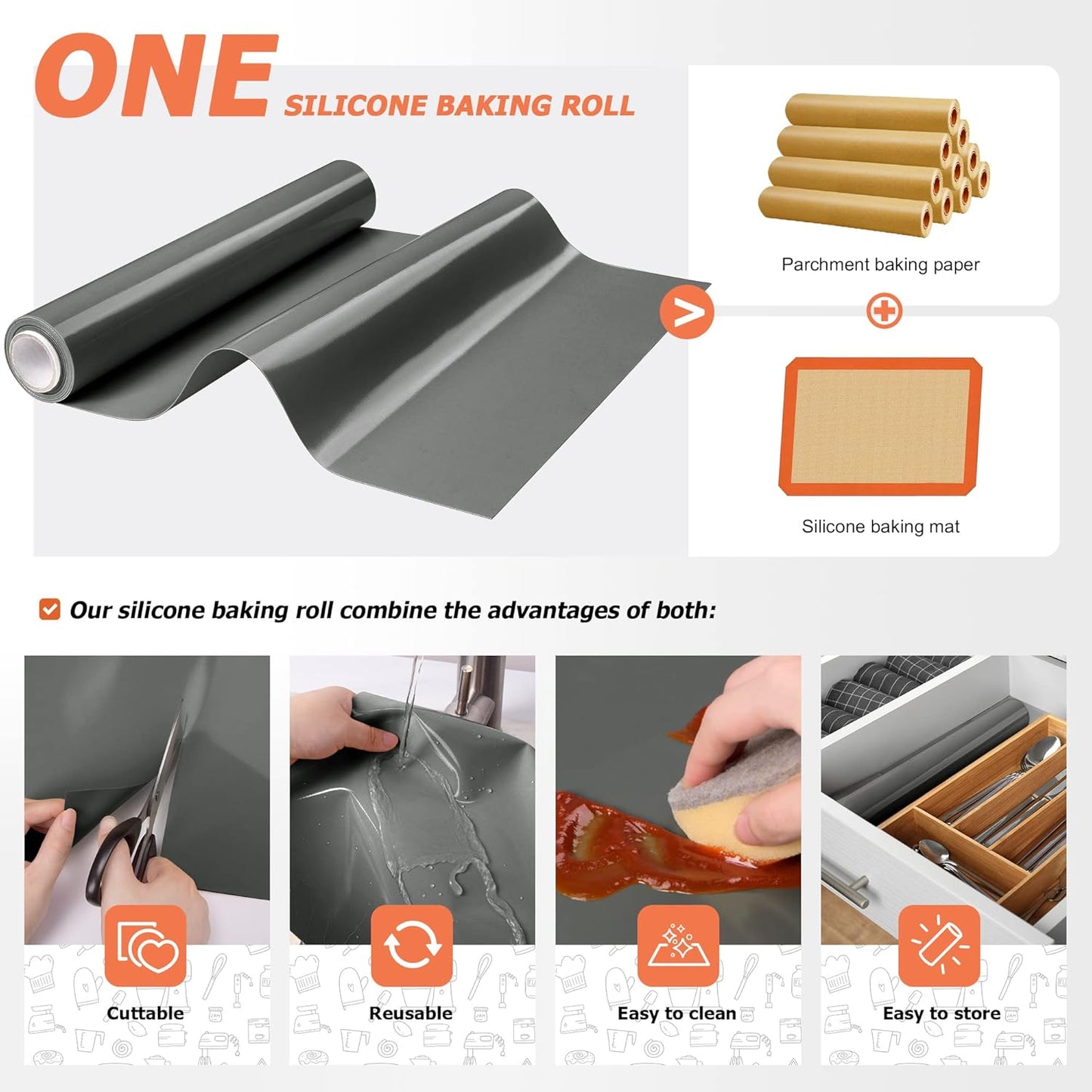 Silicone Baking Mat Roll - Best German Silicone - Non-slip Silicone Pastry Mat, Non-Stick Reusable Air Fryer Linner, Counter Mat, Oven Liner, Freeze Dryer Mat - 12IN x 10.7FT