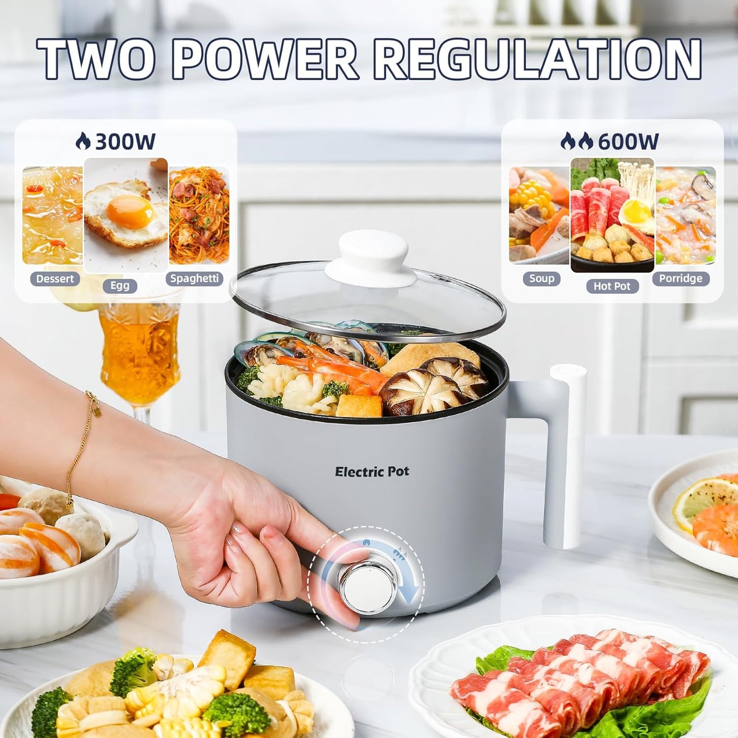 Electric Hot Pot:1.5 L Ramen Cooker, Dual Power Mini Portable Multi-Functional Lazy Pot for Pasta, Noodles, Egg, Soup, Non-Stick Noodle Cooker with Boil Dry Protection for Dorm, Office (Grey)