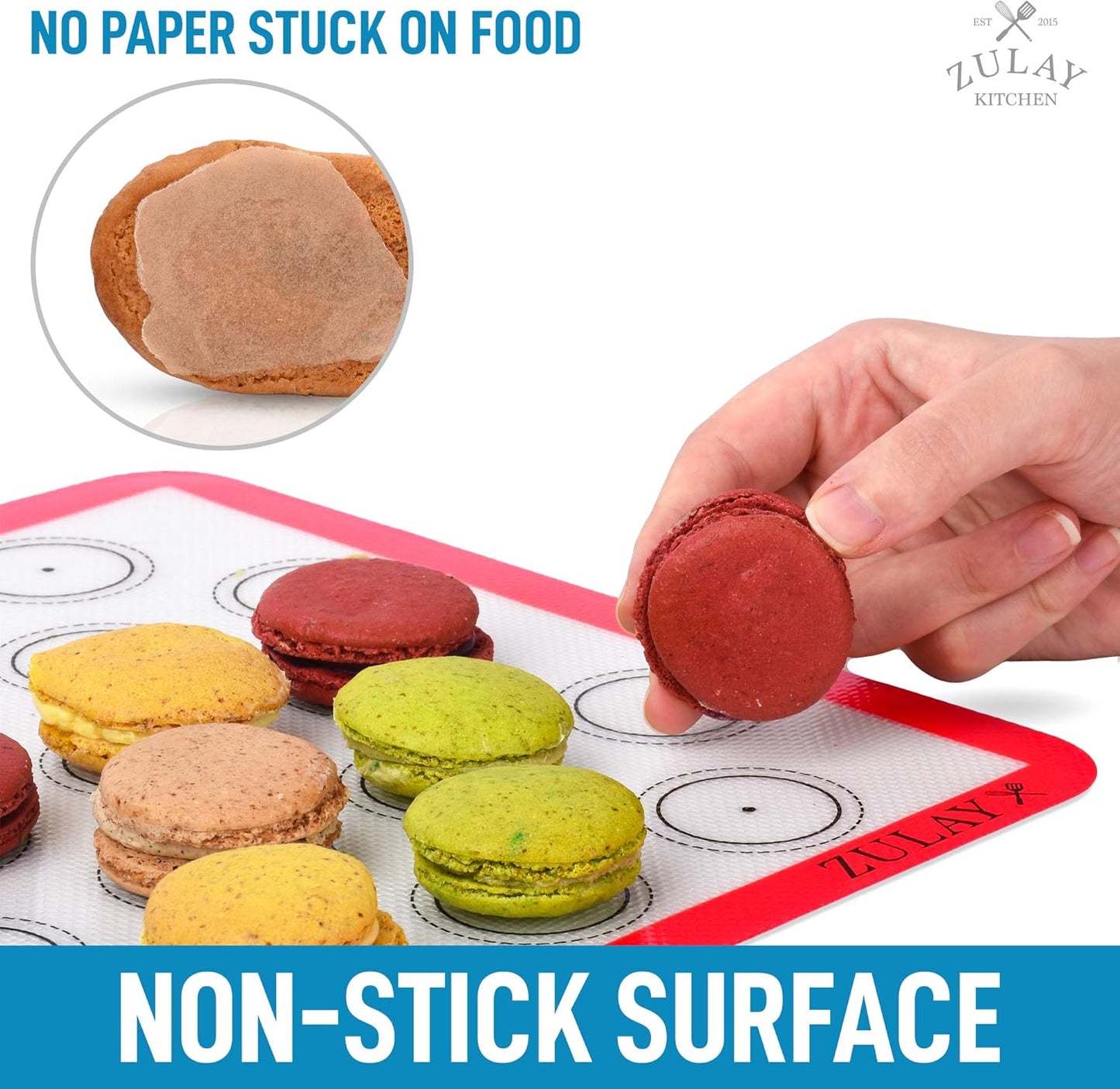 Zulay (Set of 4) Silicone Baking Mat - Macaron Silicone Baking Mats With Pre-printed Template Design - Non Stick & Reusable Silicone Baking Sheet - 2 Half Size + 2 Quarter Size (Red)