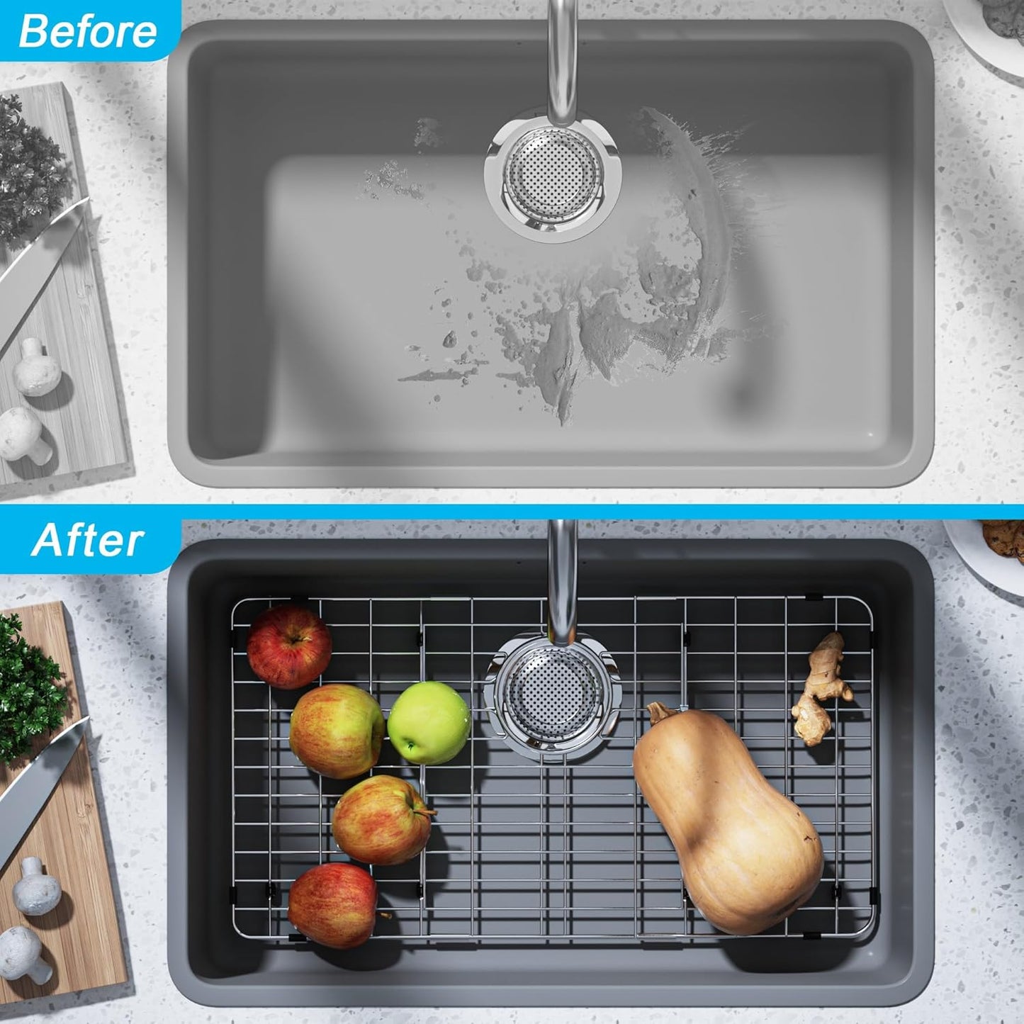 iPEGTOP Sink Bottom Grid, 3-Piece Stainless Steel Sink Protector 26-1/8" x 14-1/8" Rear Drain Hole, Sink Grate Sink Rack for Bottom of Kitchen Sink Single Sink Bowl with Sink Hole Cover