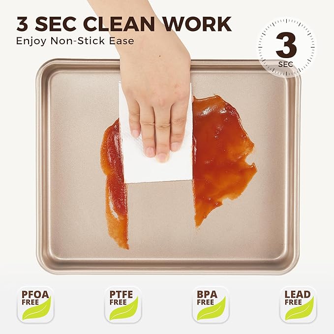 HONGBAKE 2 Pack 11 x 9 Inch Toaster Oven Pans and Trays, Small Baking Sheet Set for Cooking, Non-Stick Cookie Sheets, Heavy-Duty 0.8mm Thick, Easy to Clean, 1.26 Inch Deep, Gold