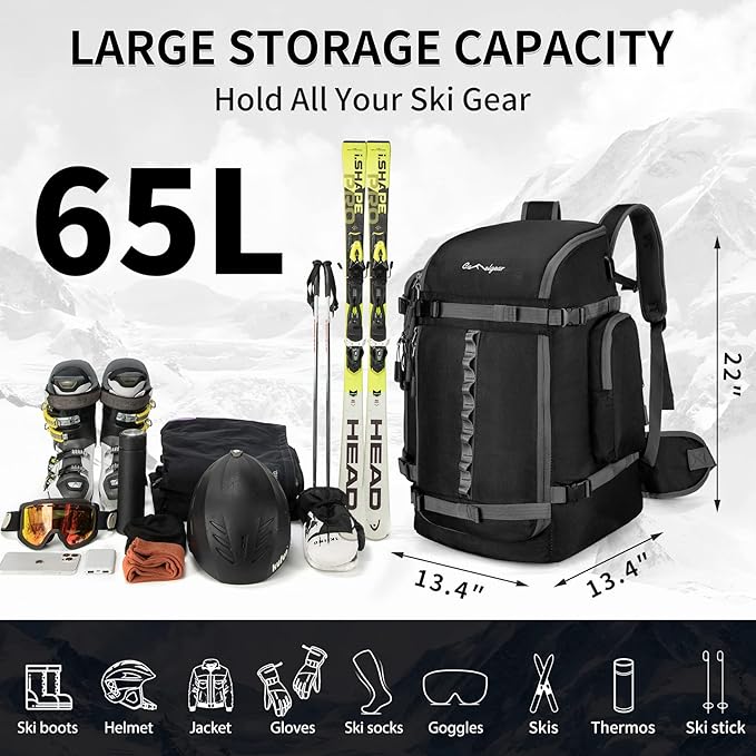 65L Ski Boot Bag,Large Duffle Travel Bag,1680D Nylon Waterproof Padded Ski Boot Bag Backpack For Women Men Kids