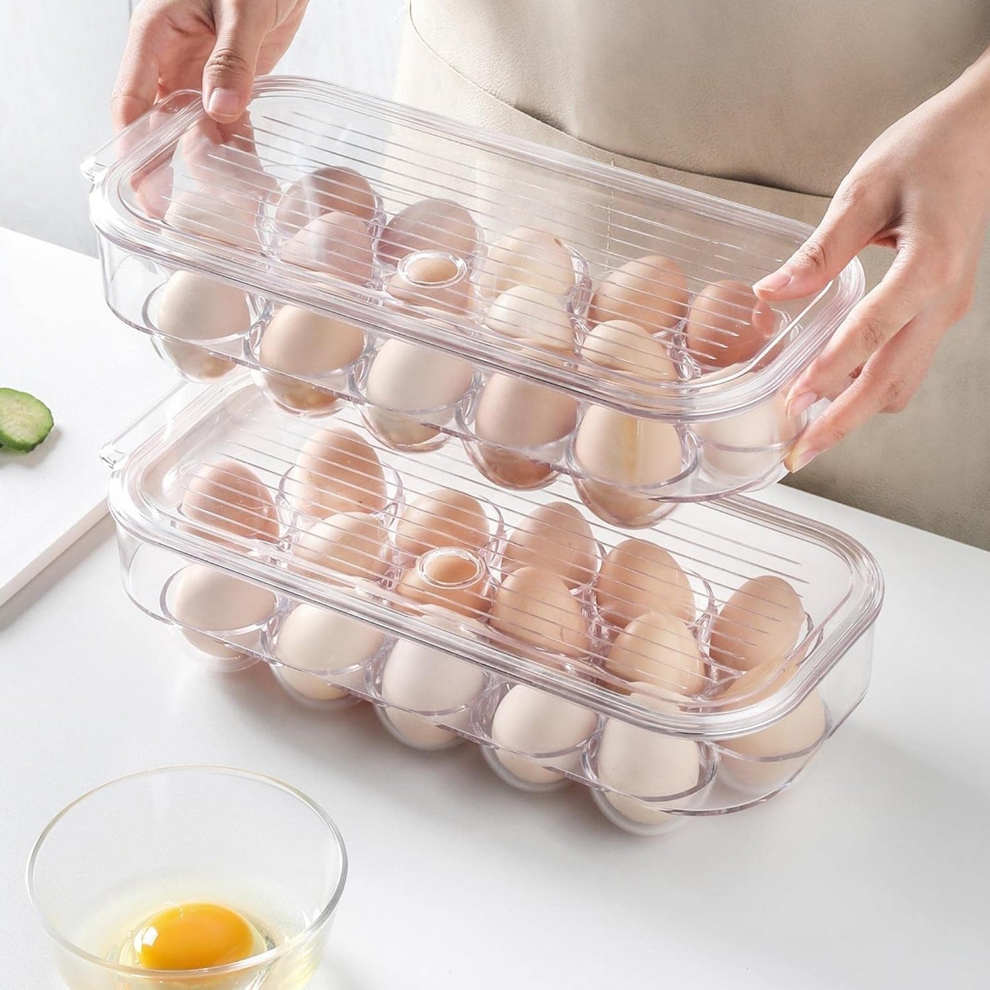 vacane Plastic Egg Holder for Refrigerator,Stackable Egg Holder Clear Tray with Lid,BPA-Free Egg Container Organizer Countertop Kitchen Fridge, Stores 16 Eggs - 2 Pack