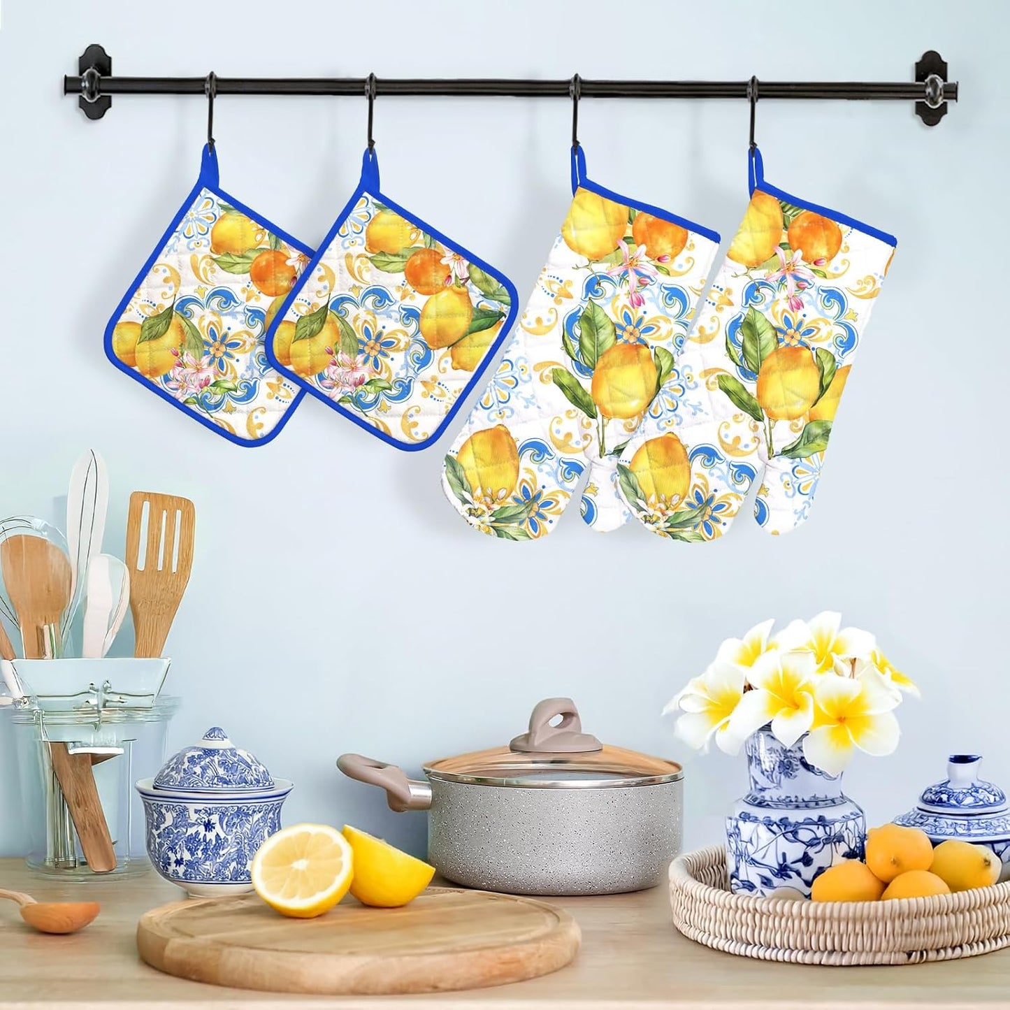Summer Lemon Oven Mitts and Pot Holders Sets 4Pcs, 100% Cotton Heat Resistant, Extra Long Oven Gloves Potholder for Kitchen Cooking Baking Decoration