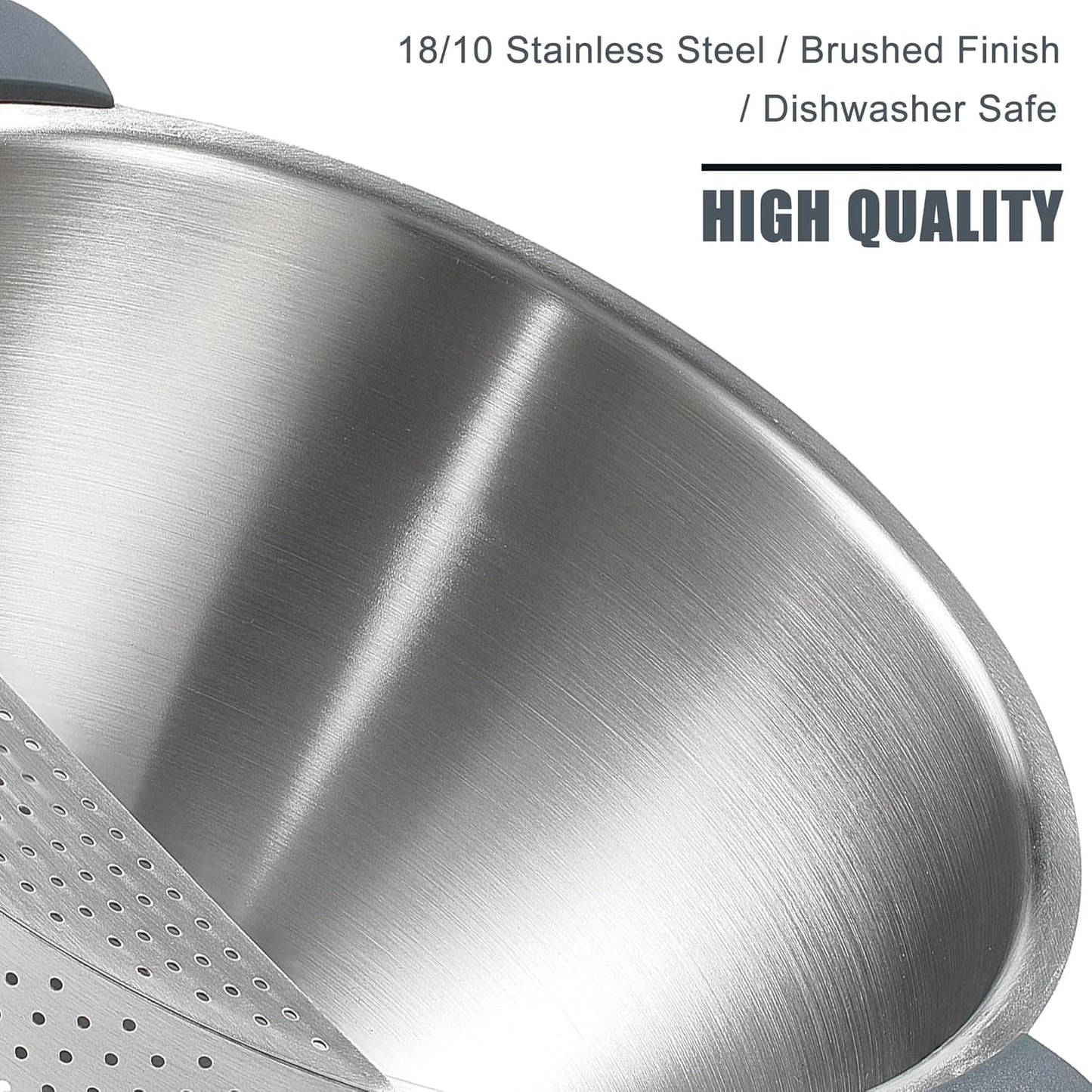 Rice Washer Strainer Bowl Quinoa Washing Bowl 18/10 Stainless Steel Colander Versatile Good Grips Side Drainers for Cleaning Rinsing Fruits, Vegetables, and Beans - Tilting Non-slip Silicone Bottom