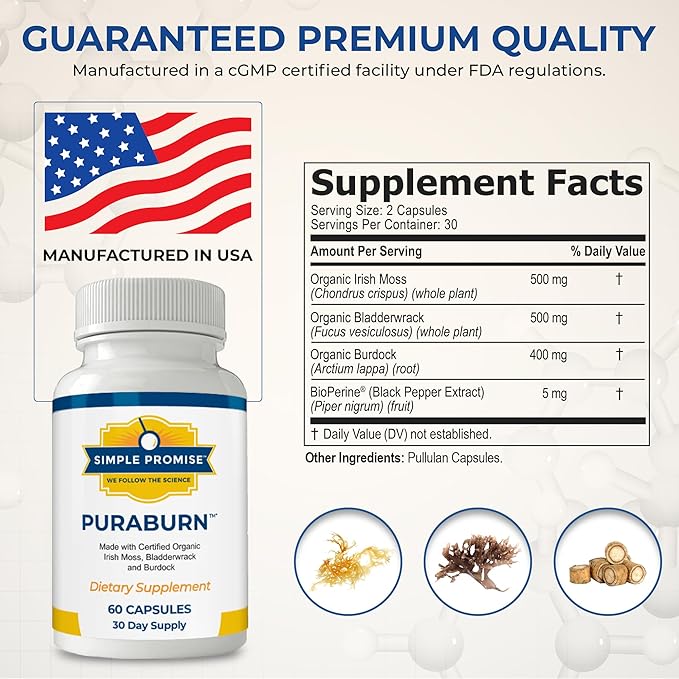 Simple Promise PuraBurn™ - Herbal Wellness Supplement with Organic Irish Sea Moss, Bladderwrack & Burdock Root - Supports Digestive Health & Nutrient Absorption - 60 Capsules