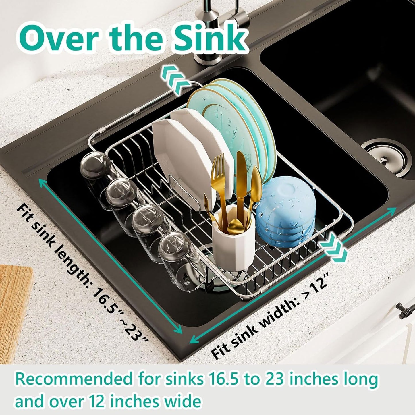 Dish Drying Rack in Sink Expandable Stainless Steel Kitchen Dish Drainer with 4 Cup Holders, Silver