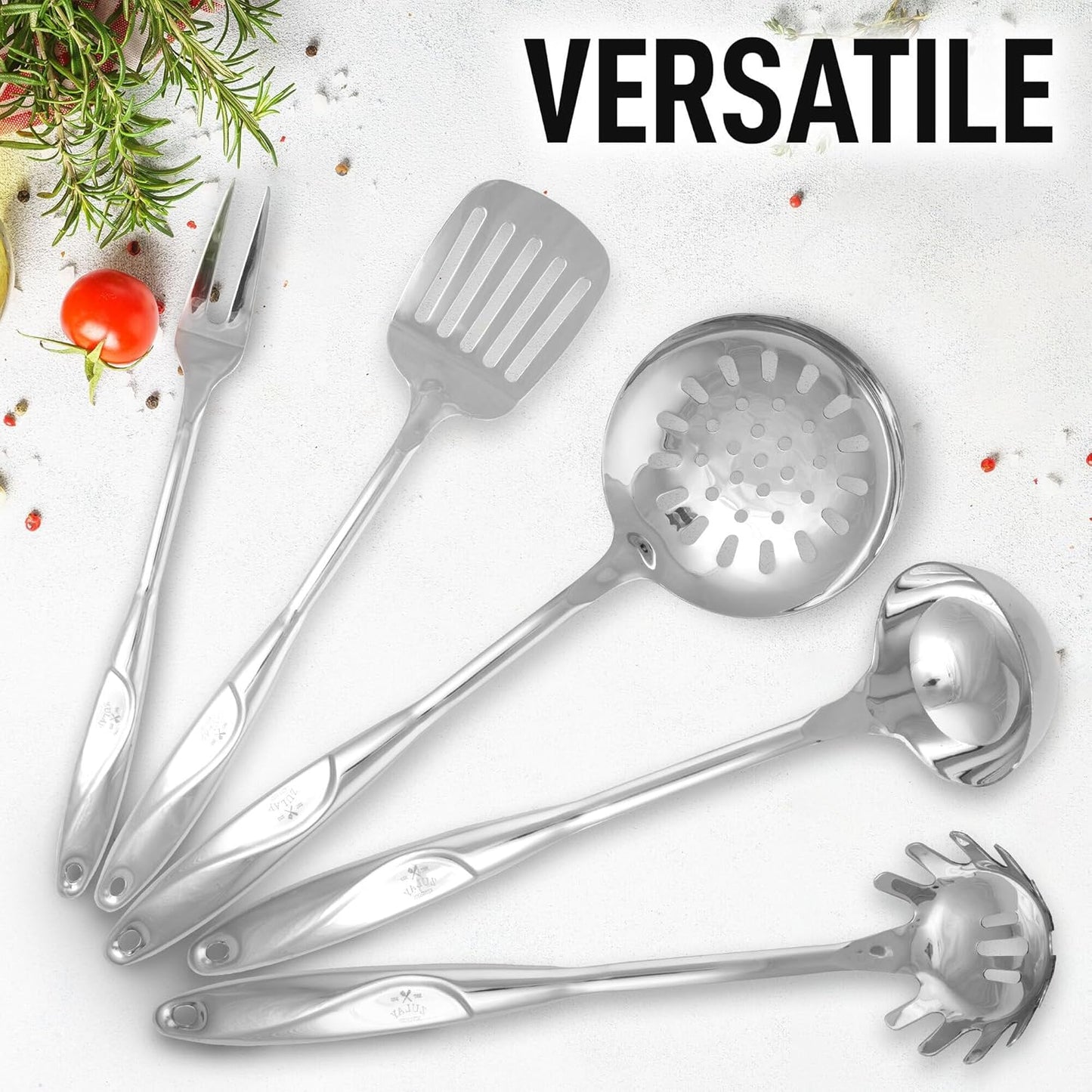 Zulay Kitchen Stainless Steel Cooking Utensil - Stainless Steel Kitchen Utensil - Durable Kitchen Gadgets - Metal Kitchen Accessories - Easy to Clean Kitchen Tools - 5 Piece Set