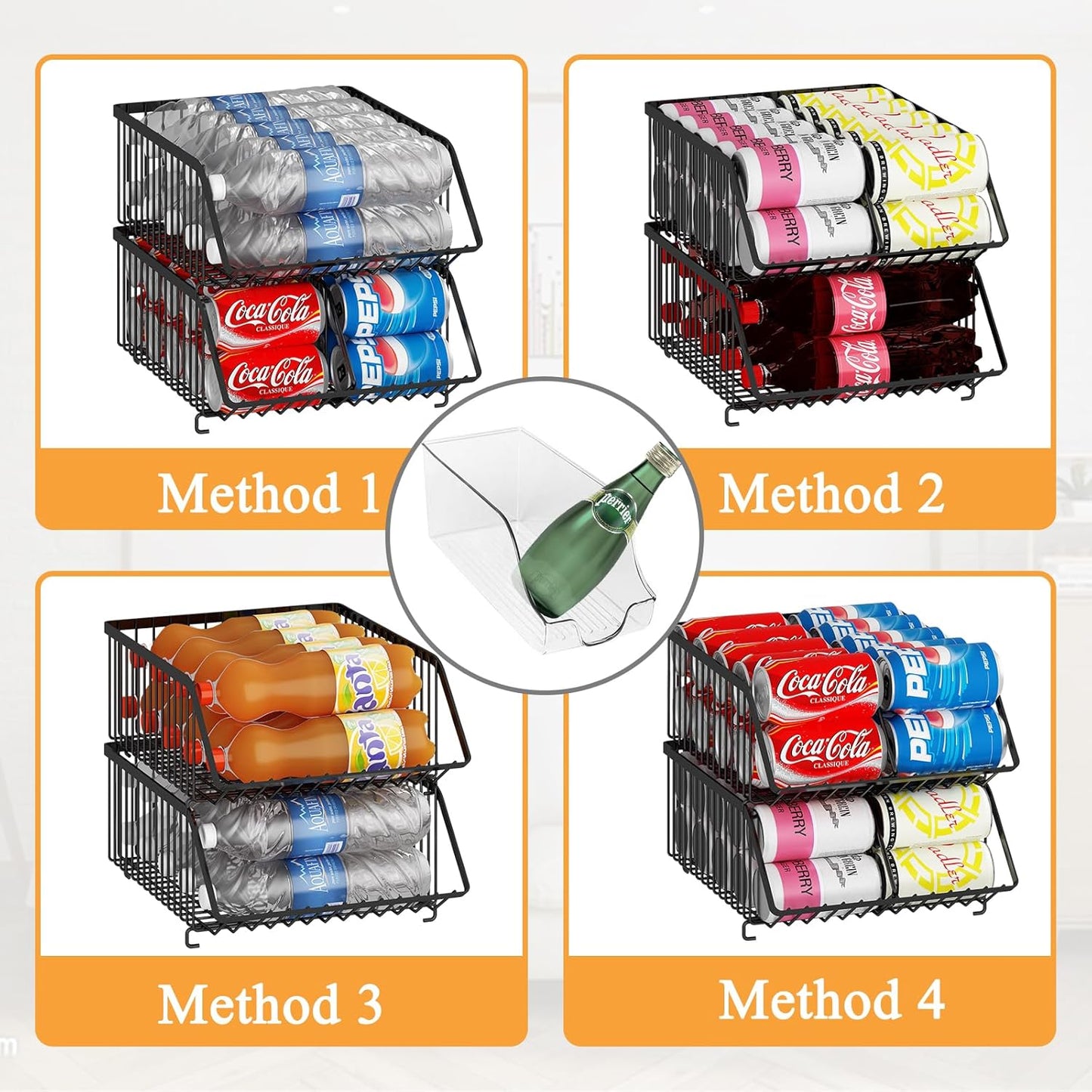 GILLAS 2 Pack Stackable Soda Can Organizer with Dividers for Refrigerator, Can Holder Dispenser Canned Food Organizer, Beverage Storage Basket Rack Drink Organizer for Fridge, Kitchen, Pantry, Black