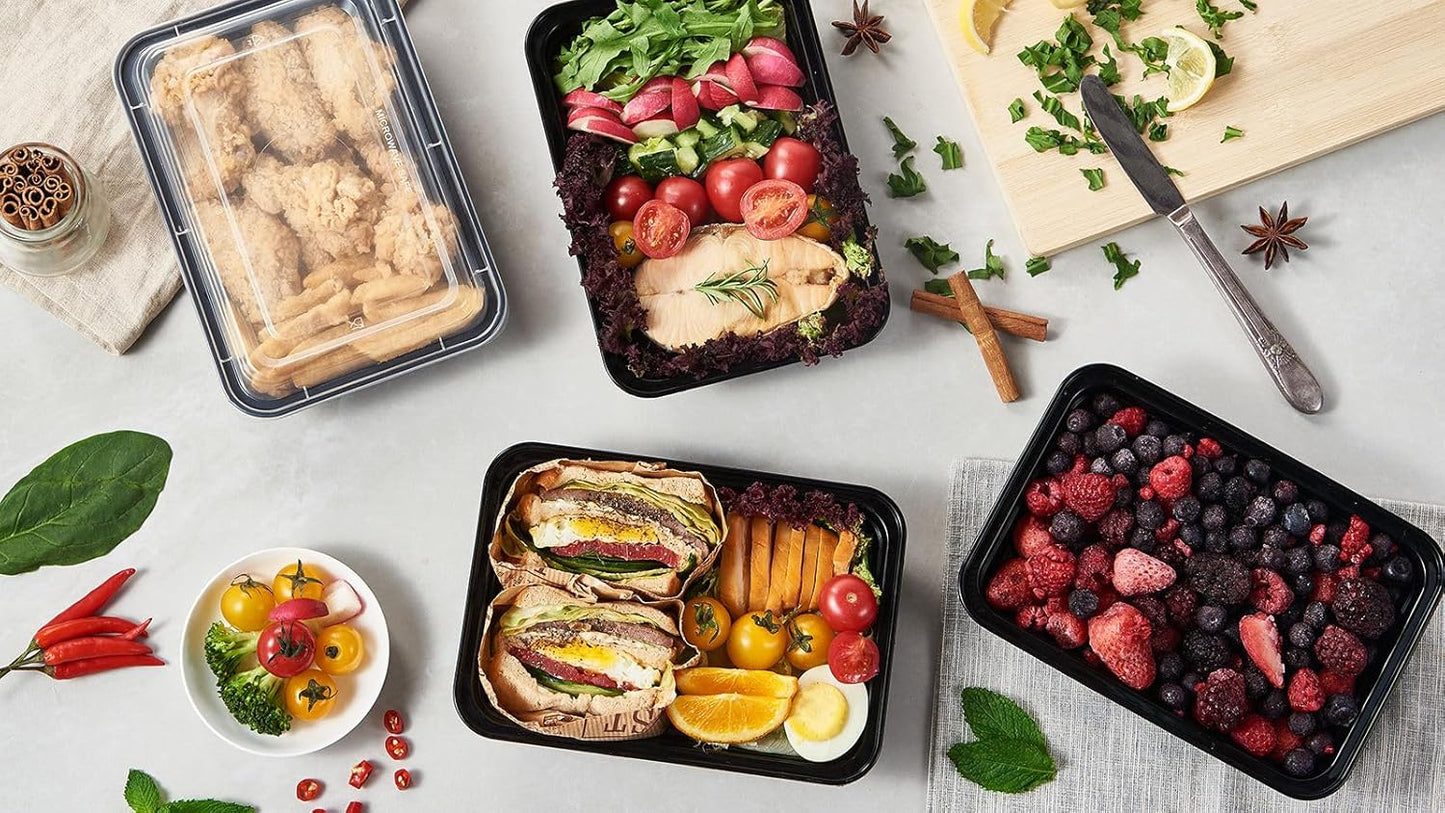150 Pack Meal Prep Plastic Food Storage Containers With Lids 28 oz 1 Compartment Black Rectangular To Go Lunch Prepping Boxes BPA-Free Microwavable Freezer Safe Stackable (Formerly FULING)