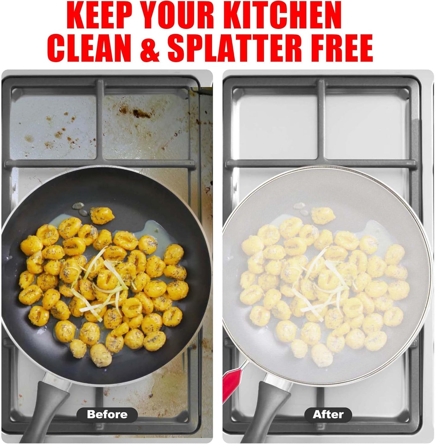 Splatter Screen for Frying Pan, Grease Splatter Guard, Stainless Steel Splatter Guards for Frying with Long Handle, Kitchen Oil Splash Guard Cooking Shield, Fine Mesh Strainer (Red, 10 inch)