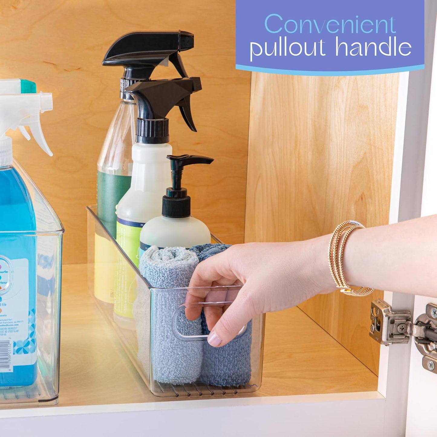 Plastic Food Storage 4 Pack Clear Container Bin with Handles for Organizing Kitchen, Pantry, Refrigerator, Freezer, Pantry, Cabinet, Closet, Bathroom. 14”x4”x4”